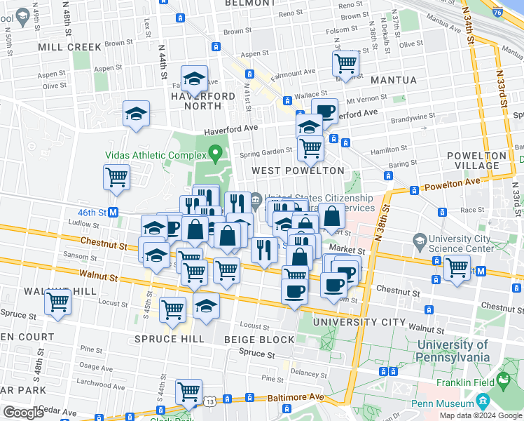map of restaurants, bars, coffee shops, grocery stores, and more near in Philadelphia