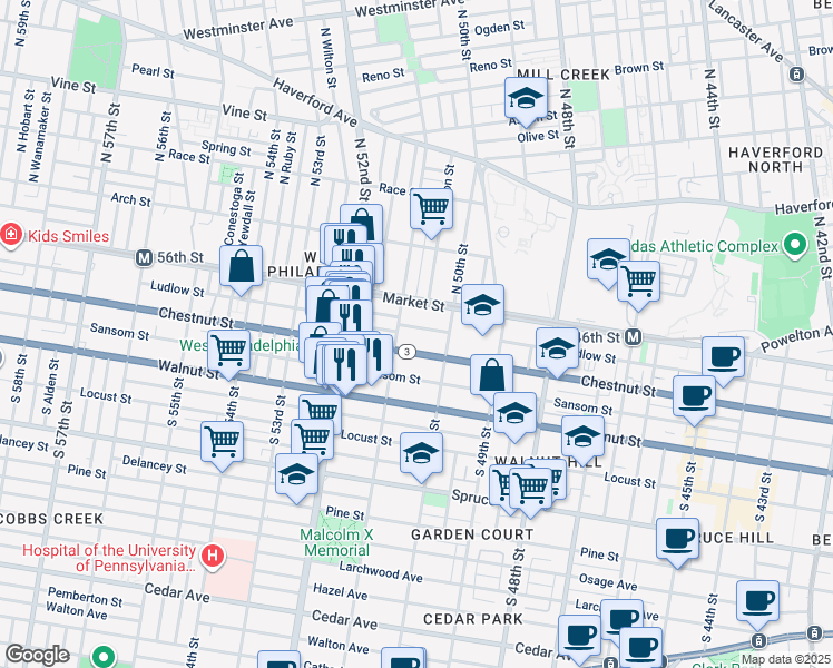map of restaurants, bars, coffee shops, grocery stores, and more near 5042 Ludlow Street in Philadelphia