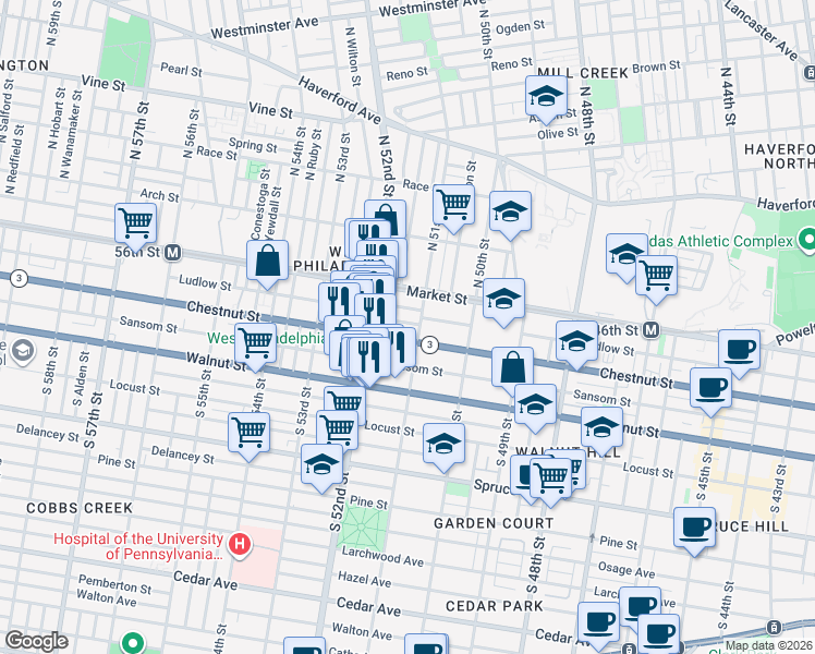 map of restaurants, bars, coffee shops, grocery stores, and more near 38 South 51st Street in Philadelphia