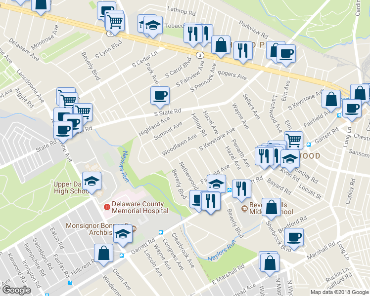 map of restaurants, bars, coffee shops, grocery stores, and more near 1441 South Keystone Avenue in Upper Darby