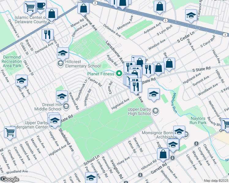 map of restaurants, bars, coffee shops, grocery stores, and more near 807 Eaton Road in Drexel Hill