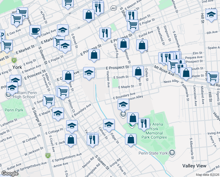 map of restaurants, bars, coffee shops, grocery stores, and more near 616 East Maple Street in York