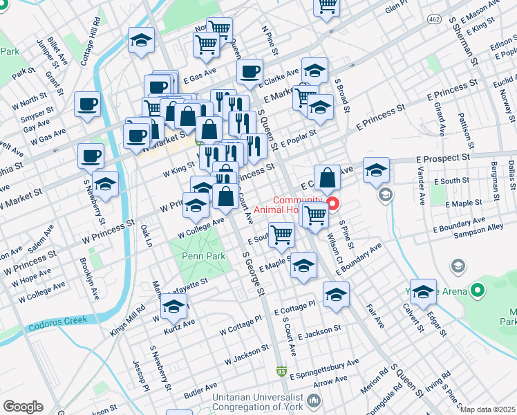 map of restaurants, bars, coffee shops, grocery stores, and more near 54 East College Avenue in York