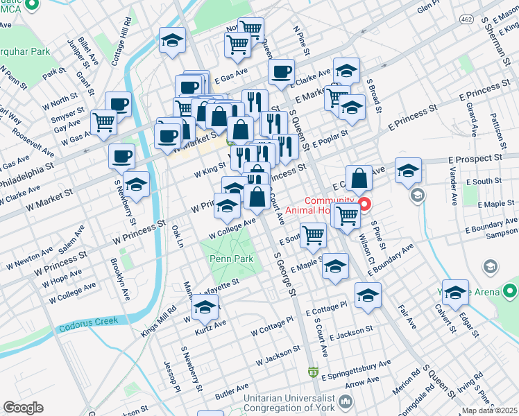 map of restaurants, bars, coffee shops, grocery stores, and more near 11 East College Avenue in York