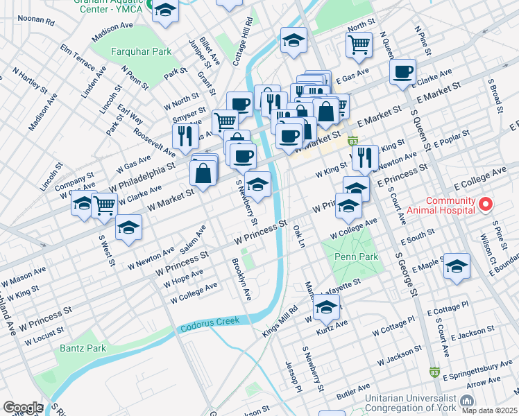 map of restaurants, bars, coffee shops, grocery stores, and more near 250 West King Street in York