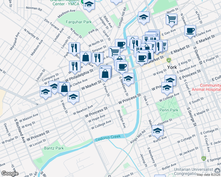 map of restaurants, bars, coffee shops, grocery stores, and more near 343 West King Street in York