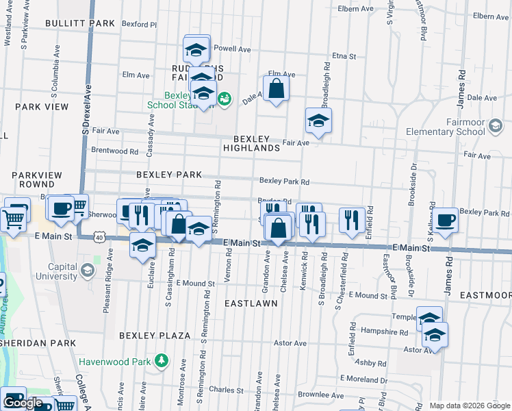 map of restaurants, bars, coffee shops, grocery stores, and more near 2670 Sherwood Road in Columbus