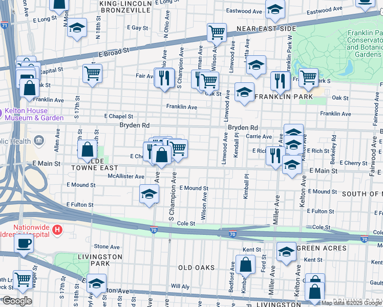 map of restaurants, bars, coffee shops, grocery stores, and more near 1189 East Rich Street in Columbus