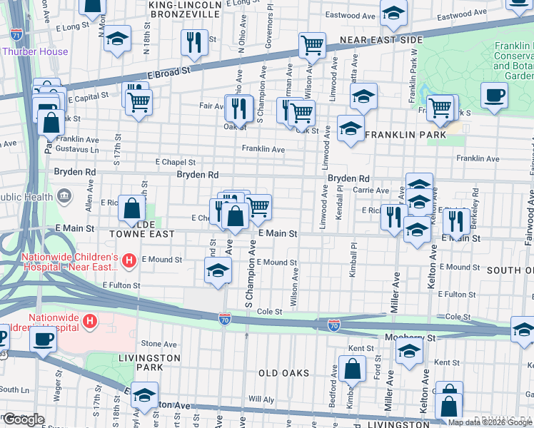 map of restaurants, bars, coffee shops, grocery stores, and more near 1189 East Rich Street in Columbus