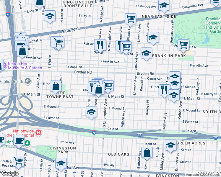 map of restaurants, bars, coffee shops, grocery stores, and more near 347 South Champion Avenue in Columbus