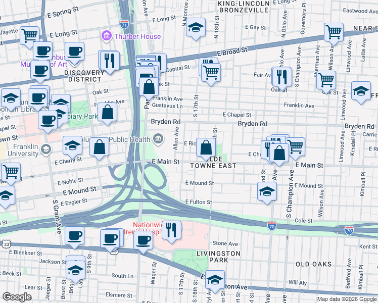 map of restaurants, bars, coffee shops, grocery stores, and more near 292 South Monroe Avenue in Columbus