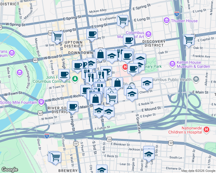 map of restaurants, bars, coffee shops, grocery stores, and more near 32 South 5th Street in Columbus