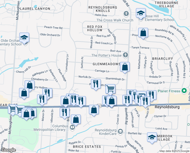 map of restaurants, bars, coffee shops, grocery stores, and more near 6480 Norfolk Drive in Reynoldsburg