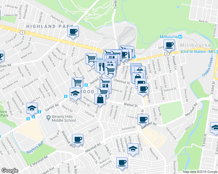map of restaurants, bars, coffee shops, grocery stores, and more near 125 Long Lane in Upper Darby