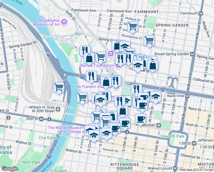 map of restaurants, bars, coffee shops, grocery stores, and more near 230 North 21st Street in Philadelphia