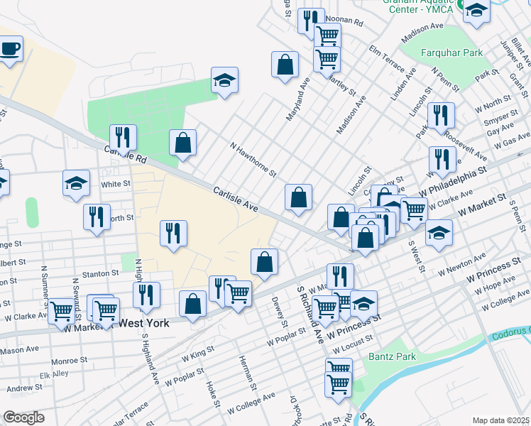 map of restaurants, bars, coffee shops, grocery stores, and more near 400 Carlisle Avenue in York