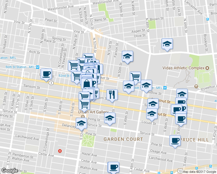 map of restaurants, bars, coffee shops, grocery stores, and more near 5042 Ludlow Street in Philadelphia