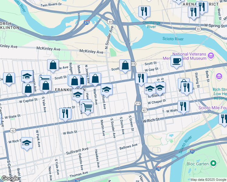 map of restaurants, bars, coffee shops, grocery stores, and more near 44 South Souder Avenue in Columbus