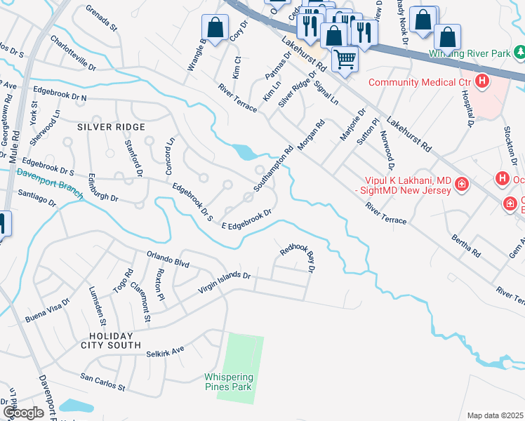 map of restaurants, bars, coffee shops, grocery stores, and more near 1024 East Edgebrook Drive in Toms River