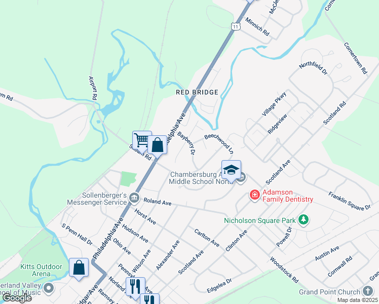 map of restaurants, bars, coffee shops, grocery stores, and more near 130 Bayberry Drive in Chambersburg