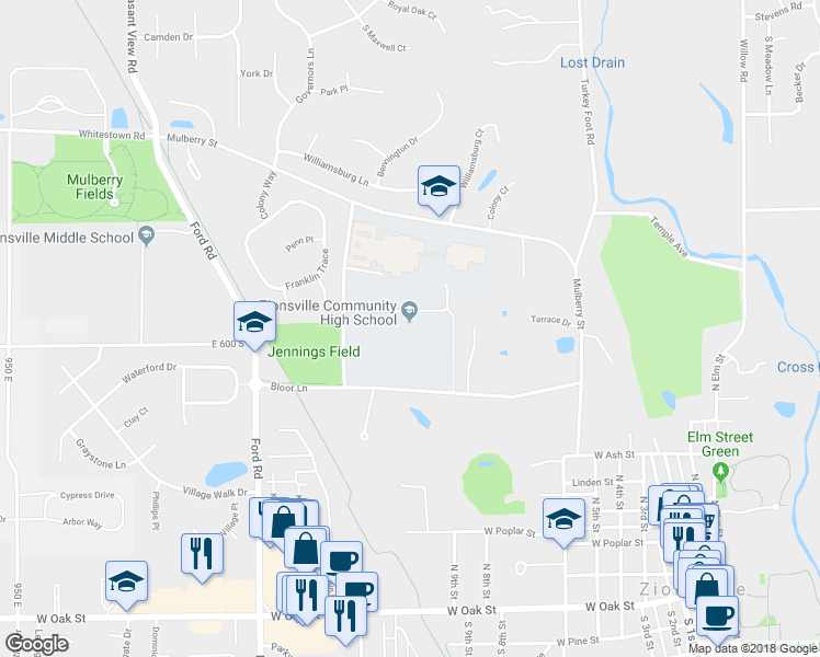 map of restaurants, bars, coffee shops, grocery stores, and more near 1000 Mulberry Street in Zionsville