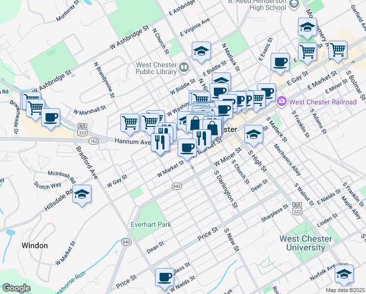 map of restaurants, bars, coffee shops, grocery stores, and more near 240 West Gay Street in West Chester