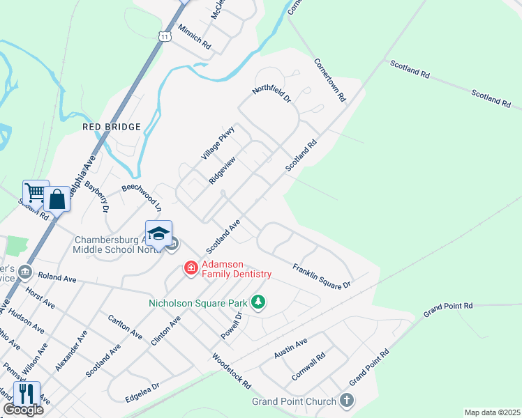 map of restaurants, bars, coffee shops, grocery stores, and more near 2242 Scotland Road in Chambersburg