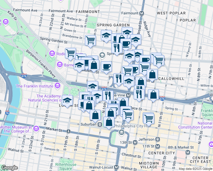 map of restaurants, bars, coffee shops, grocery stores, and more near 1601 Vine Street in Philadelphia