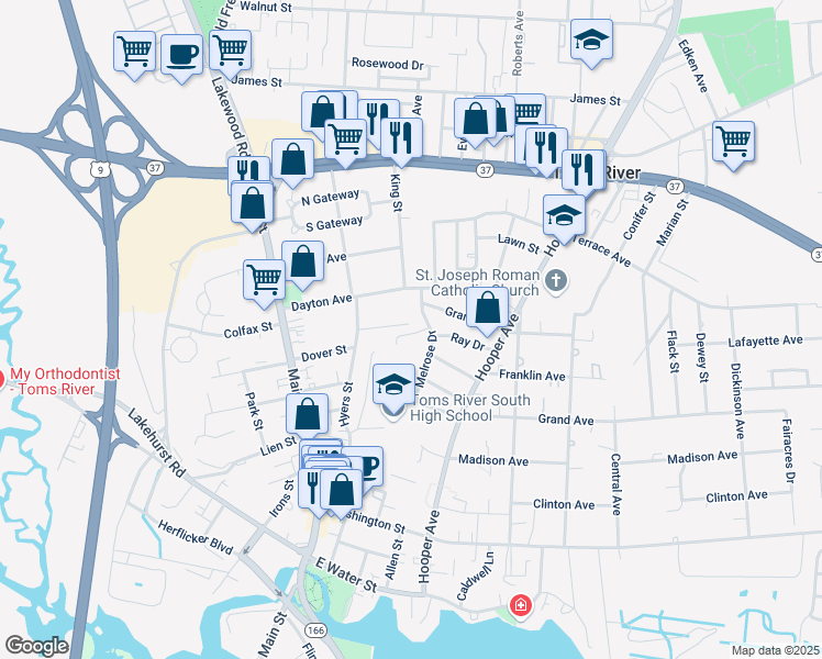 map of restaurants, bars, coffee shops, grocery stores, and more near 26 Melrose Drive in Toms River