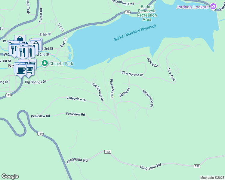 map of restaurants, bars, coffee shops, grocery stores, and more near Pinecliff Trail in Nederland