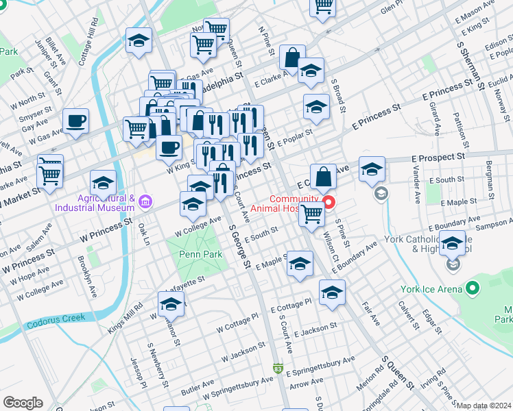 map of restaurants, bars, coffee shops, grocery stores, and more near 56 East College Avenue in York