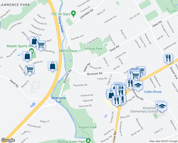 map of restaurants, bars, coffee shops, grocery stores, and more near 1556 Burmont Road in Havertown