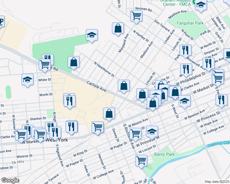 map of restaurants, bars, coffee shops, grocery stores, and more near 303 Carlisle Avenue in York