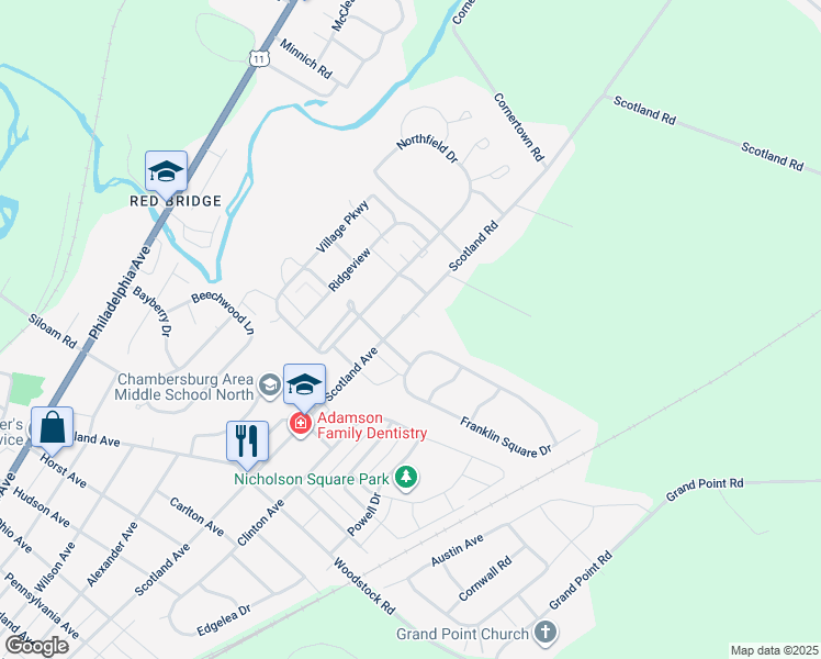 map of restaurants, bars, coffee shops, grocery stores, and more near 2242 Scotland Road in Chambersburg