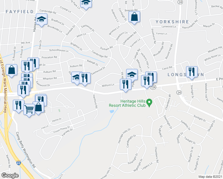 map of restaurants, bars, coffee shops, grocery stores, and more near 2705 Mount Rose Avenue in York