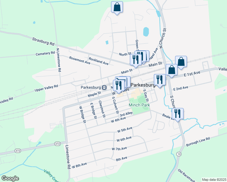 map of restaurants, bars, coffee shops, grocery stores, and more near 439 West 1st Avenue in Parkesburg