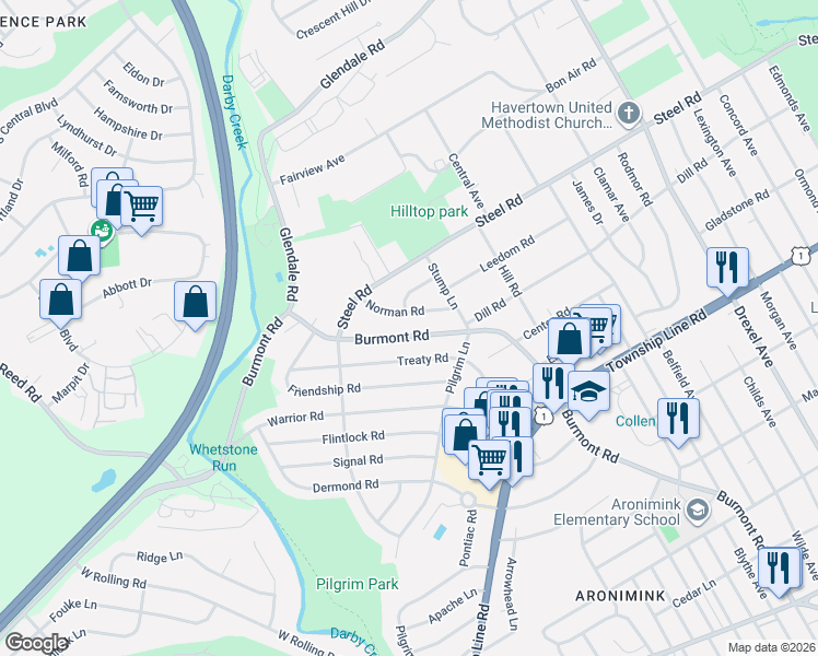 map of restaurants, bars, coffee shops, grocery stores, and more near 1472 Burmont Road in Havertown