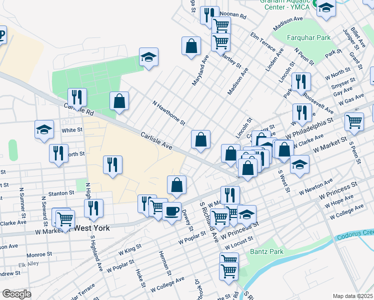 map of restaurants, bars, coffee shops, grocery stores, and more near 303 Carlisle Avenue in York