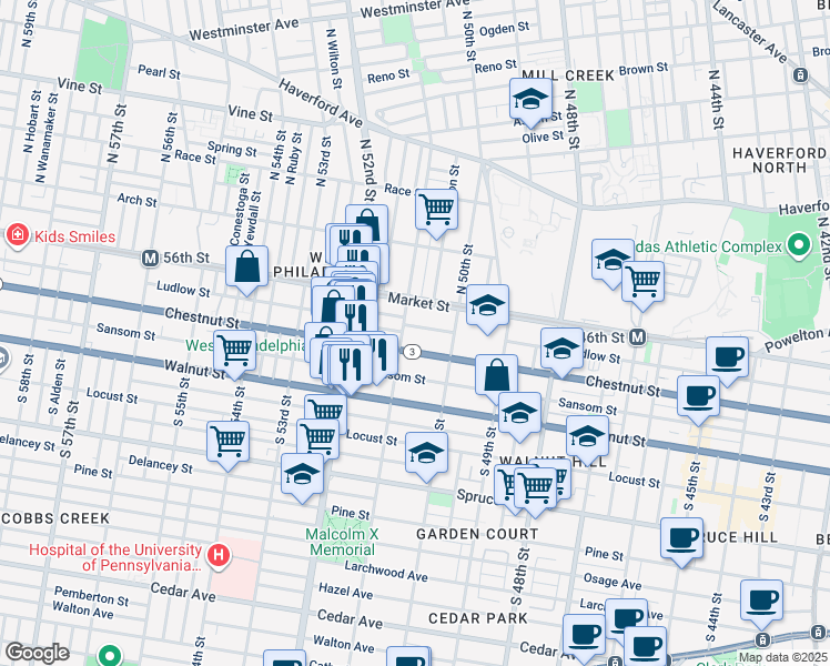map of restaurants, bars, coffee shops, grocery stores, and more near 5050 Ludlow Street in Philadelphia