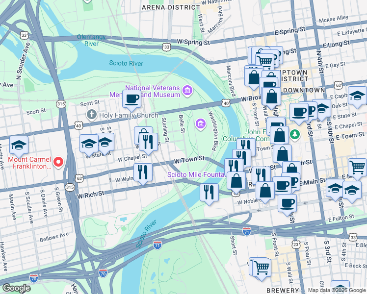 map of restaurants, bars, coffee shops, grocery stores, and more near 111 Belle Street in Columbus