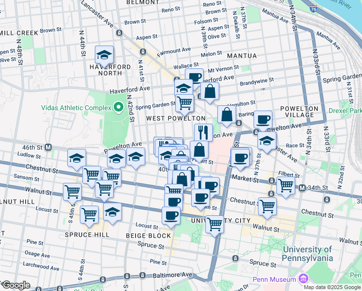 map of restaurants, bars, coffee shops, grocery stores, and more near 46 North 40th Street in Philadelphia
