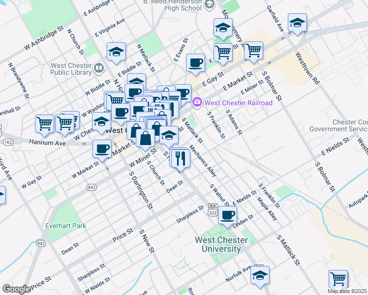 map of restaurants, bars, coffee shops, grocery stores, and more near 203 South Walnut Street in West Chester