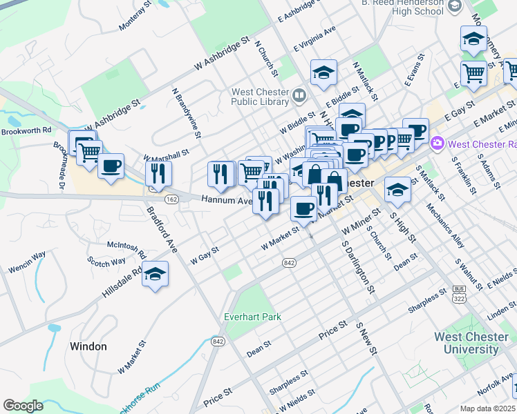 map of restaurants, bars, coffee shops, grocery stores, and more near 352 Hannum Avenue in West Chester