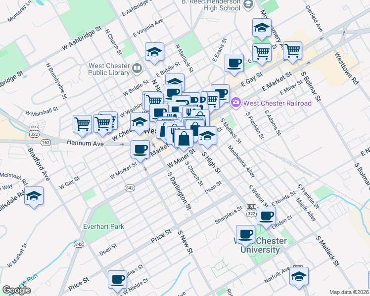 map of restaurants, bars, coffee shops, grocery stores, and more near 27 West Miner Street in West Chester