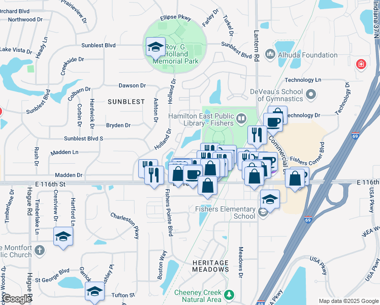 map of restaurants, bars, coffee shops, grocery stores, and more near Chelsea Court in Fishers