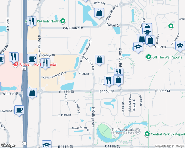map of restaurants, bars, coffee shops, grocery stores, and more near 117th Street in Carmel