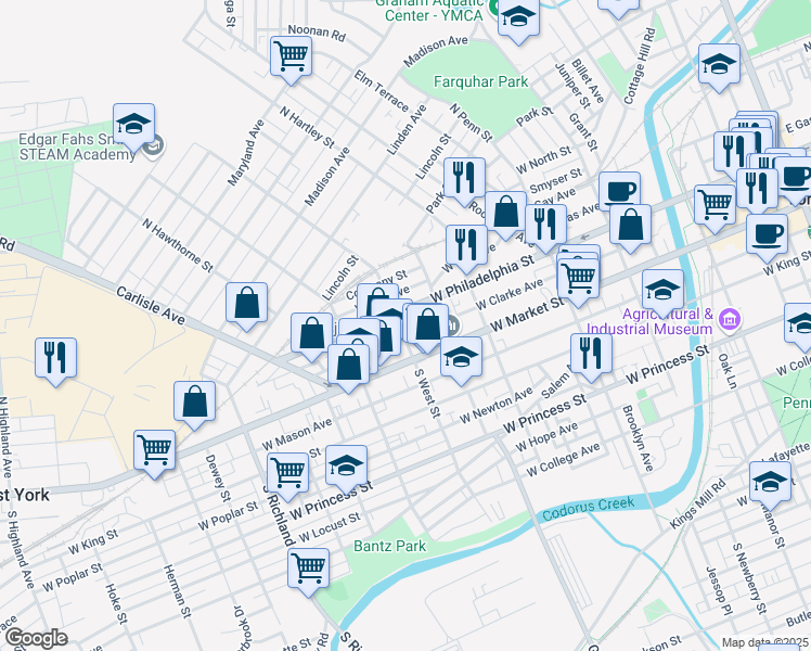 map of restaurants, bars, coffee shops, grocery stores, and more near 41 North West Street in York