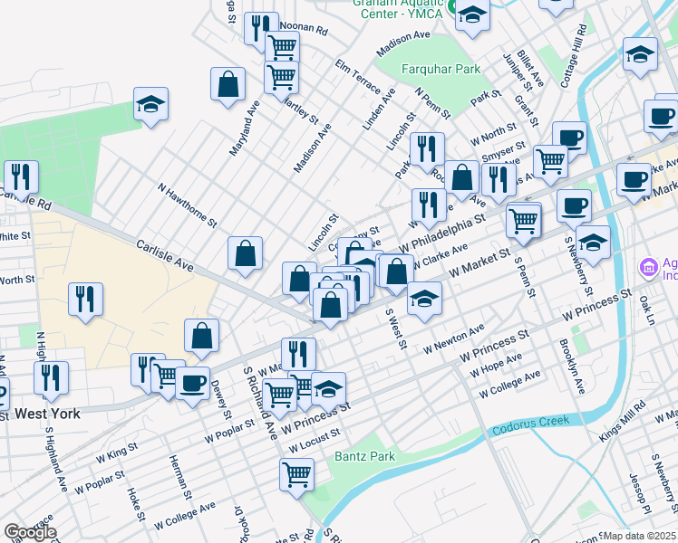 map of restaurants, bars, coffee shops, grocery stores, and more near 647 West Philadelphia Street in York