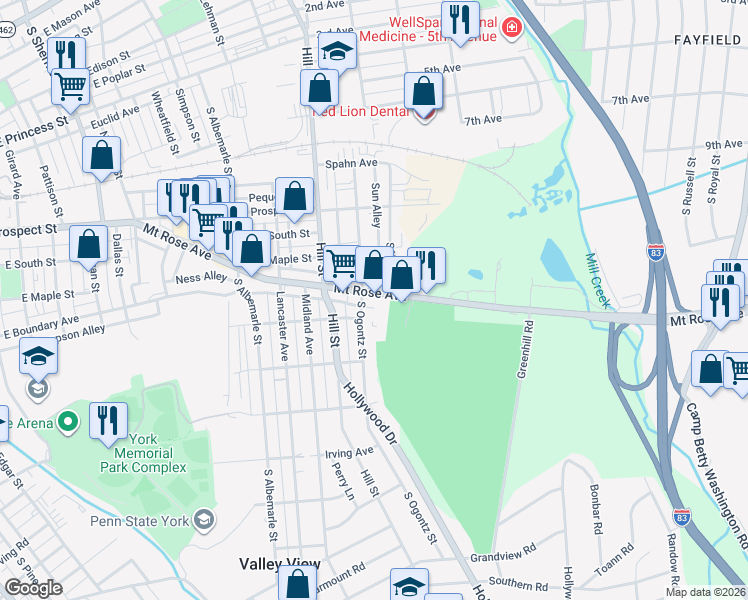 map of restaurants, bars, coffee shops, grocery stores, and more near 1450 Mount Rose Avenue in York