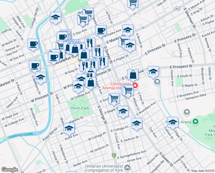 map of restaurants, bars, coffee shops, grocery stores, and more near 315 South Duke Street in York